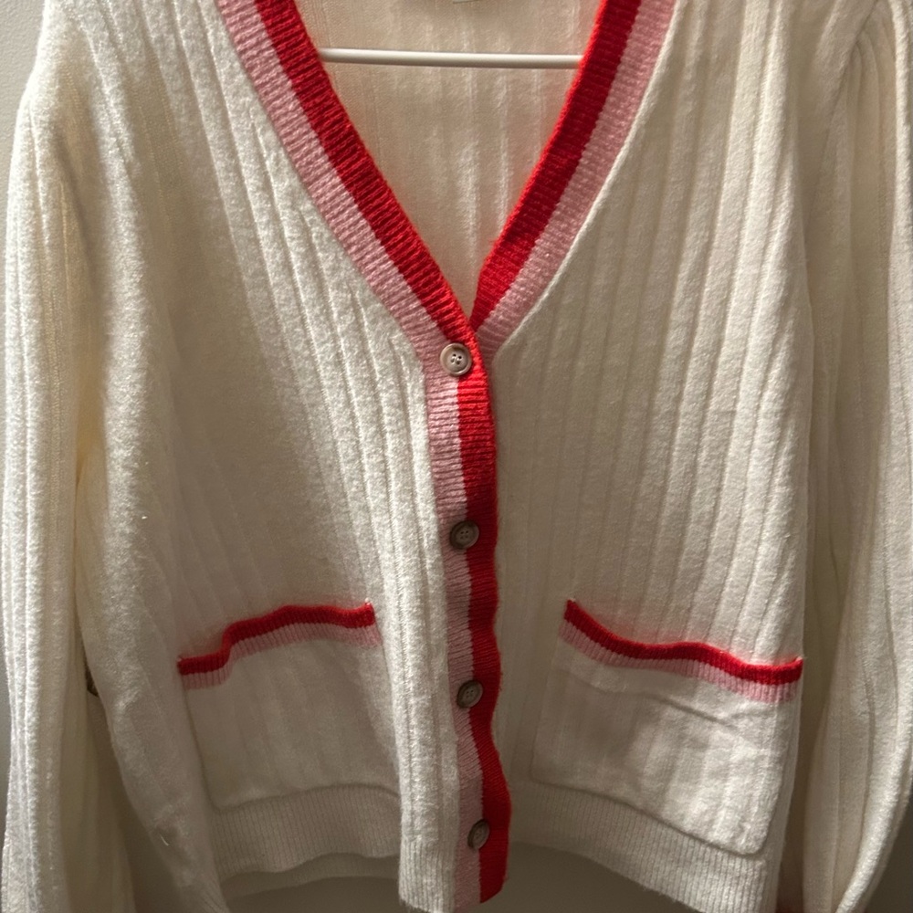 LOFT White and Red Ribbed Cardigan